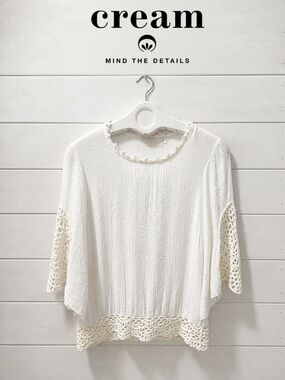 CREAM Crochet-Trim Boho Blouse – Off-White – Size  34